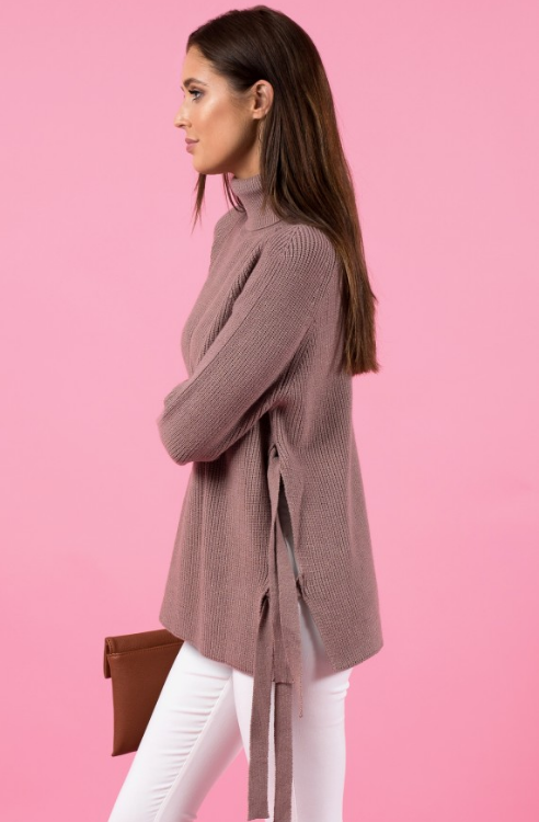 Style State sweater, side view of side tie turtleneck sweater.